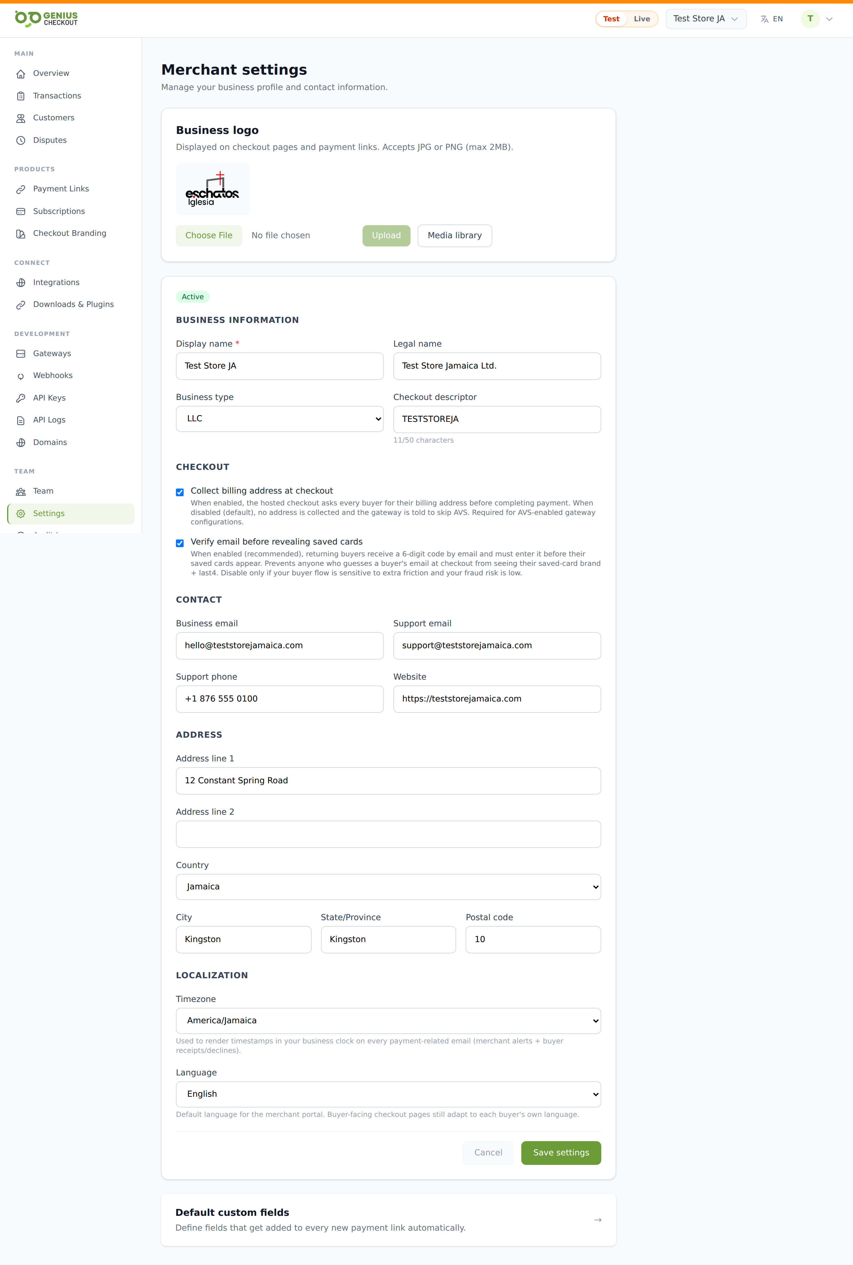 Account Settings page showing the business identity, logo, and support contact sections