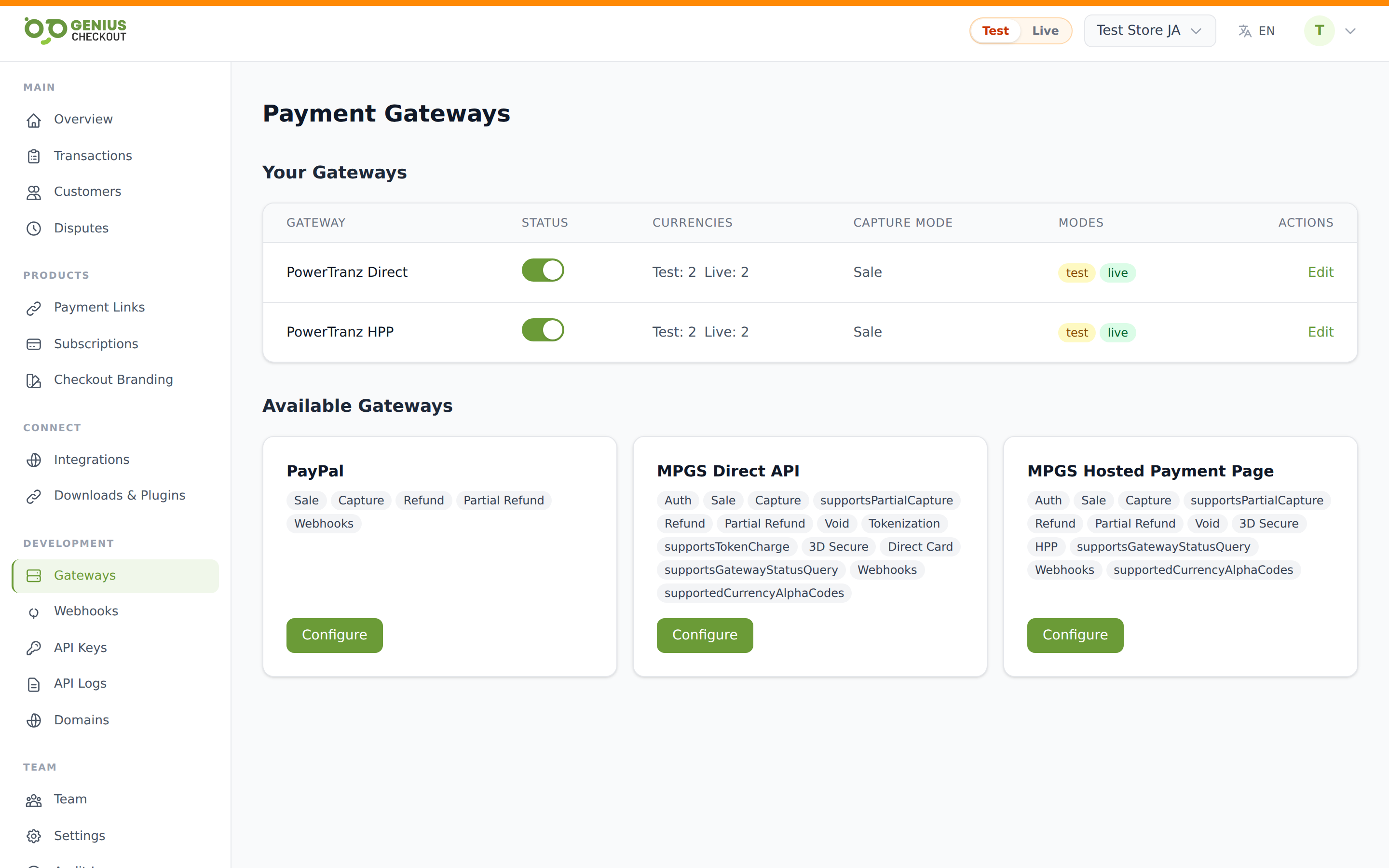 Gateways page with Your Gateways list at the top and an Available Gateways grid of processor tiles below