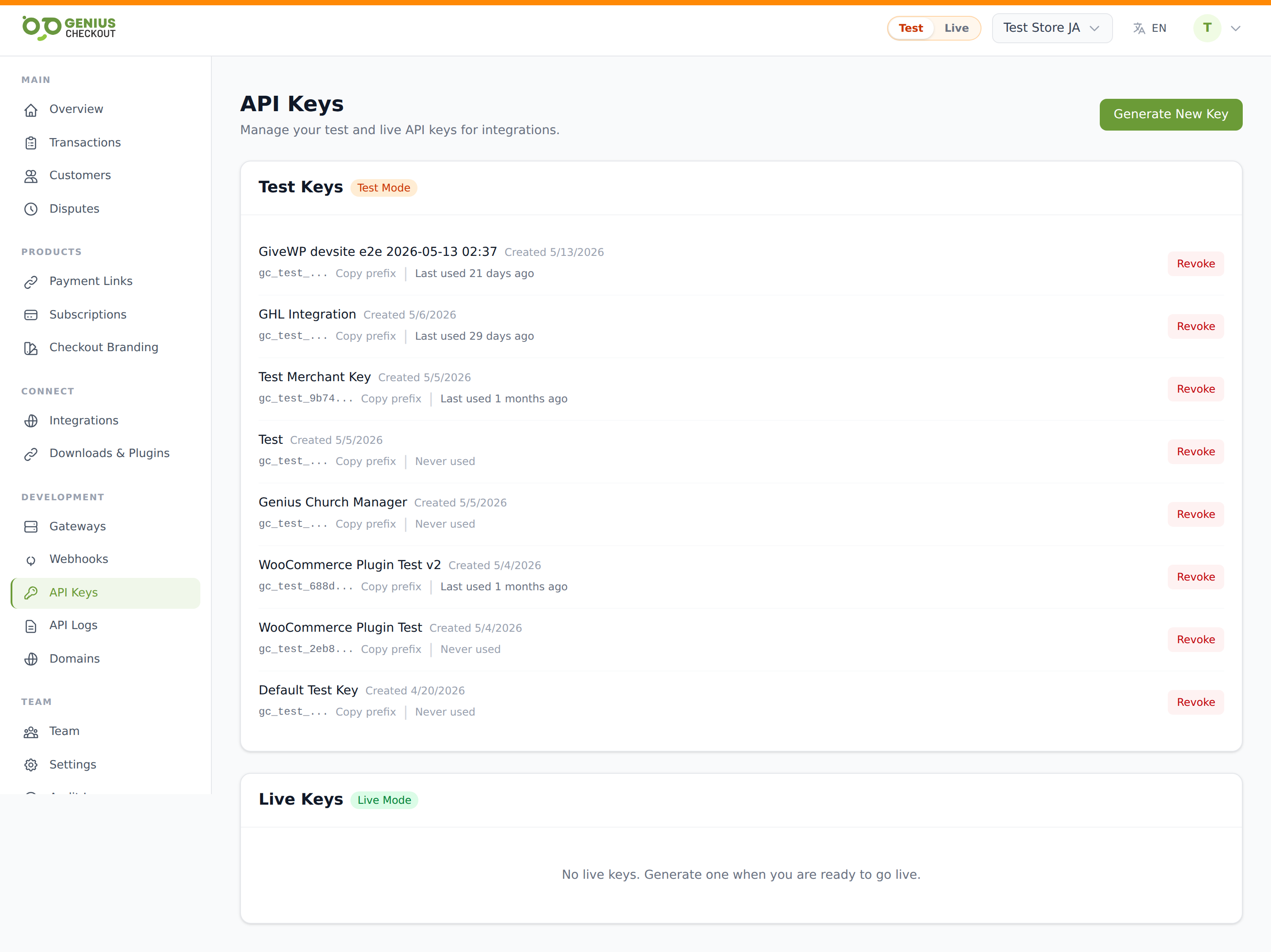 API Keys page split into Test Keys and Live Keys sections, each row showing name, prefix, and Last used timestamp