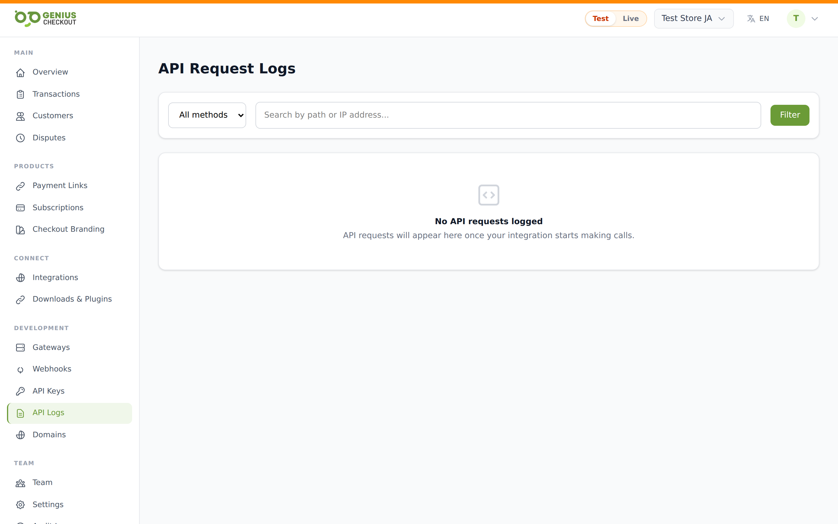 API Logs page showing the filter bar and a table of recent authenticated requests with method, path, status, duration, and IP