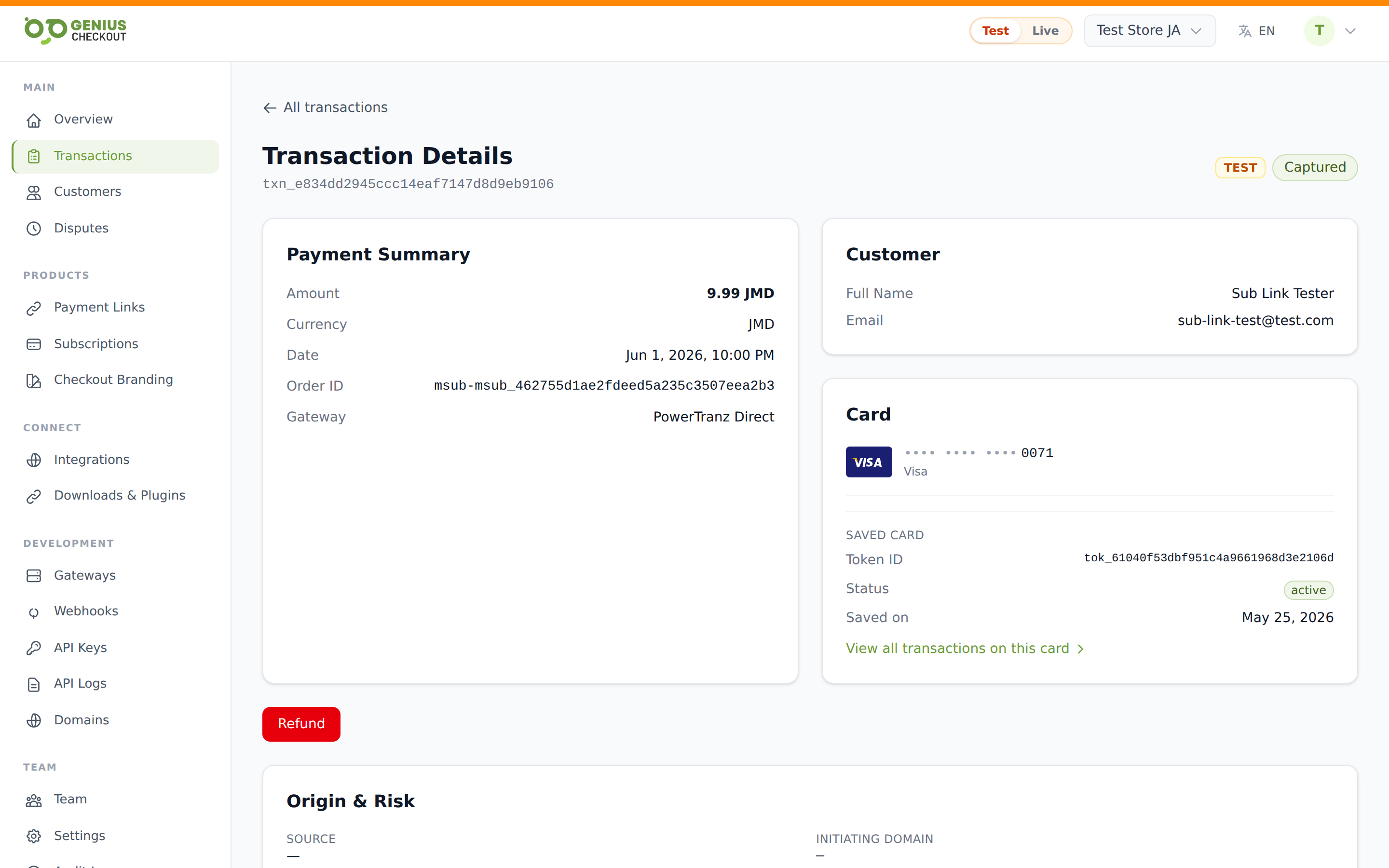 Transaction detail page for an authorized payment showing the Capture and Void action buttons