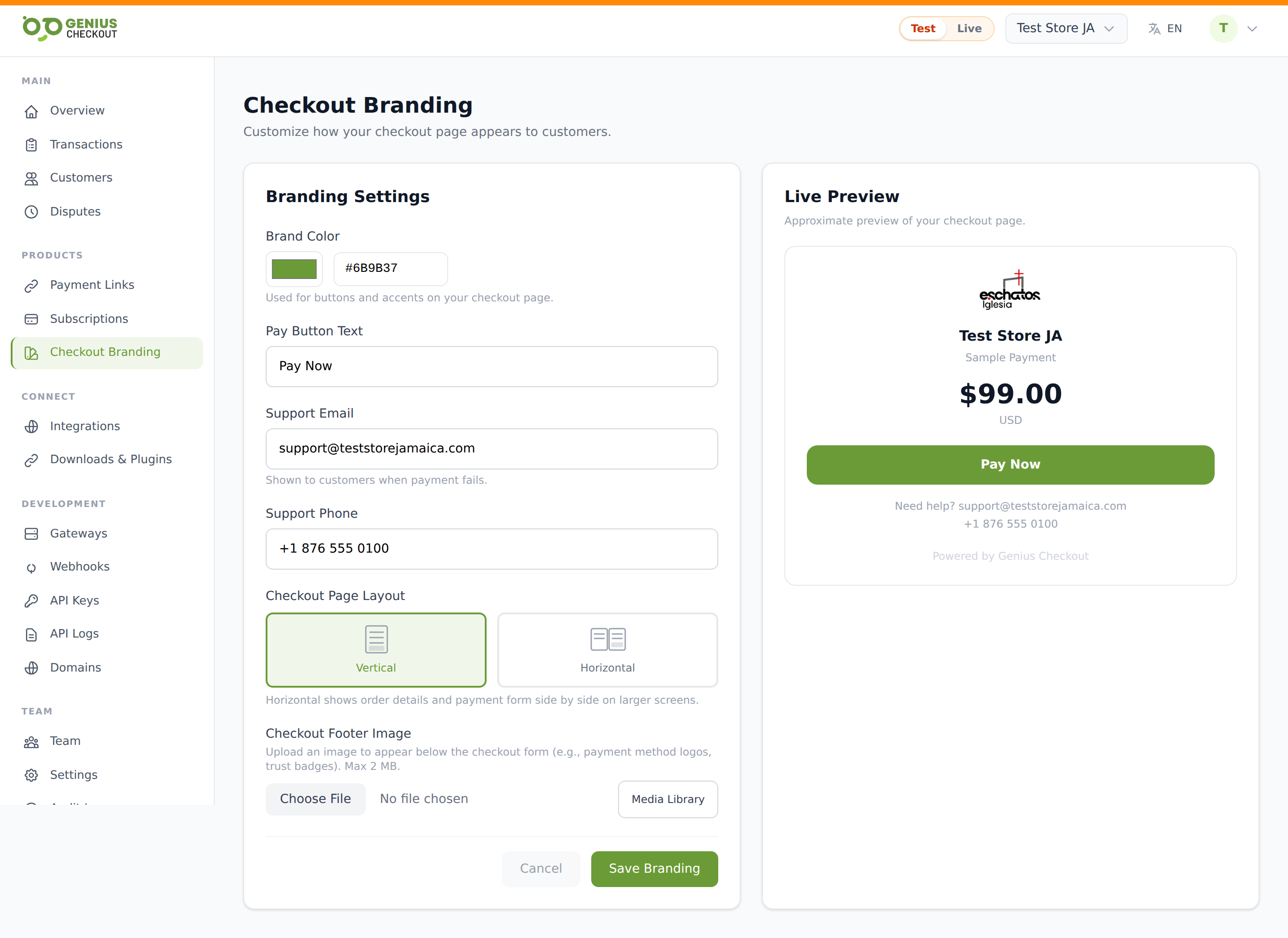 Checkout Branding editor with the form pane on the left and the live checkout preview on the right