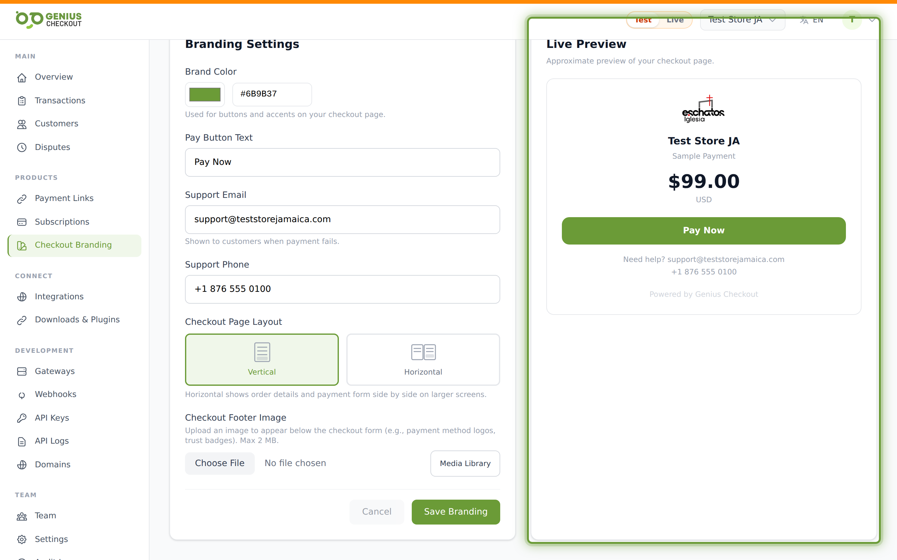 Live Preview pane scrolled to show the rendered checkout with the merchant's brand colour, pay button label, and footer image applied