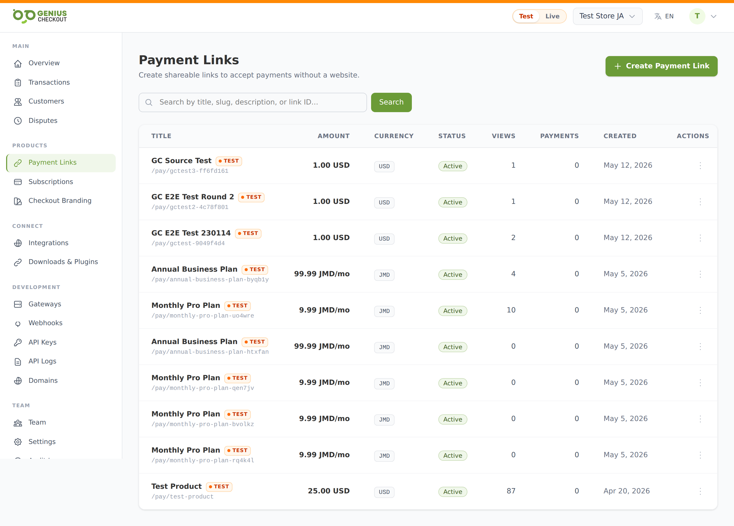 Create payment link form with title, description, fixed amount type selected, and currency dropdown
