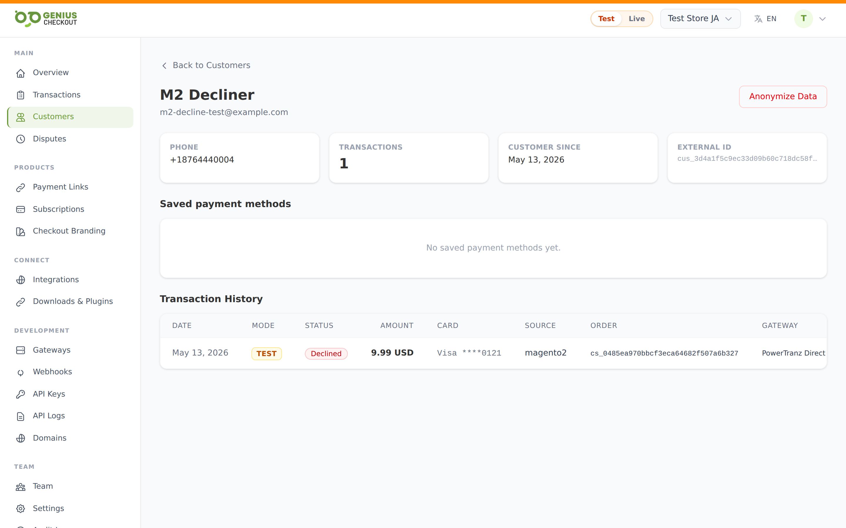Customer detail page with header, KPI tiles, and saved payment methods block