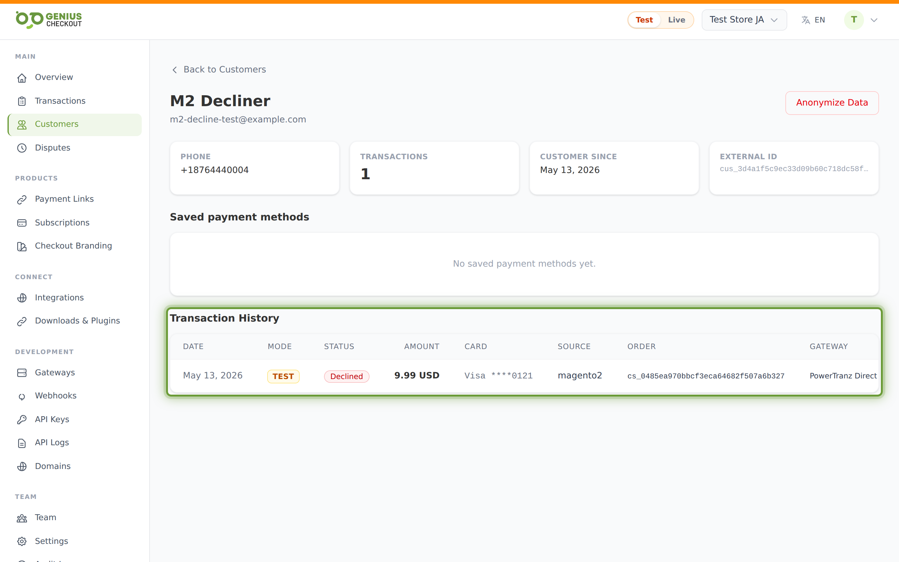Customer detail transaction history table with date, status, amount, card, and full transaction id