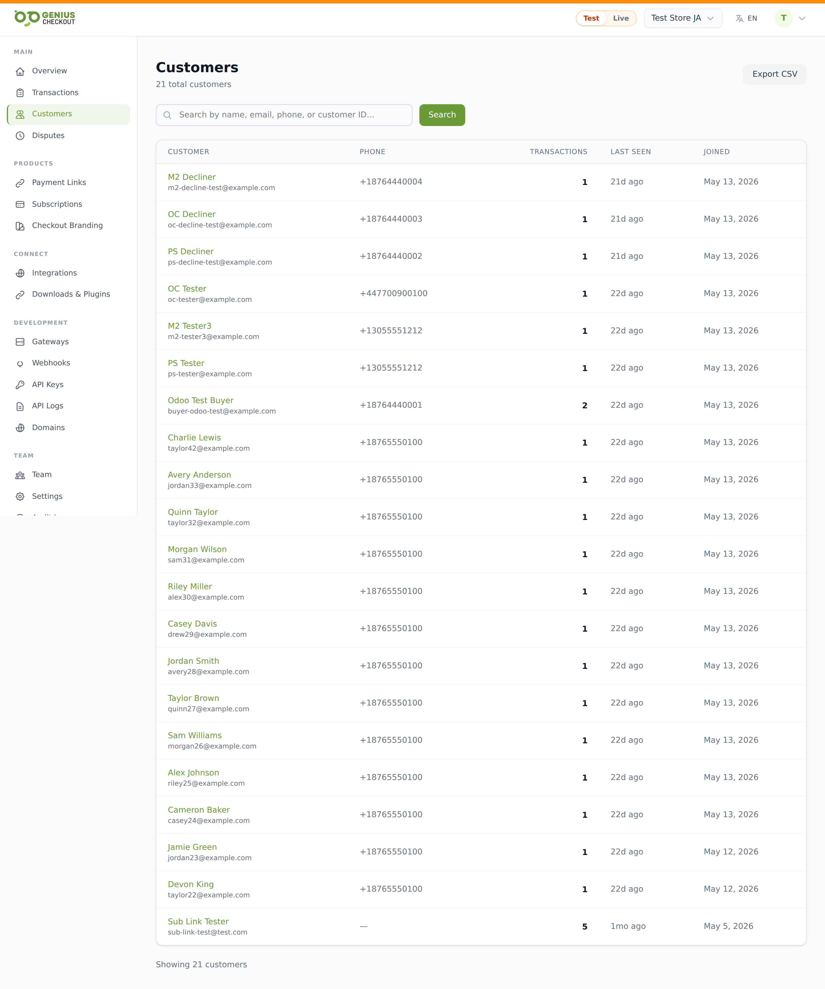 Customers list with search bar and rows showing name, email, transaction count, and last seen