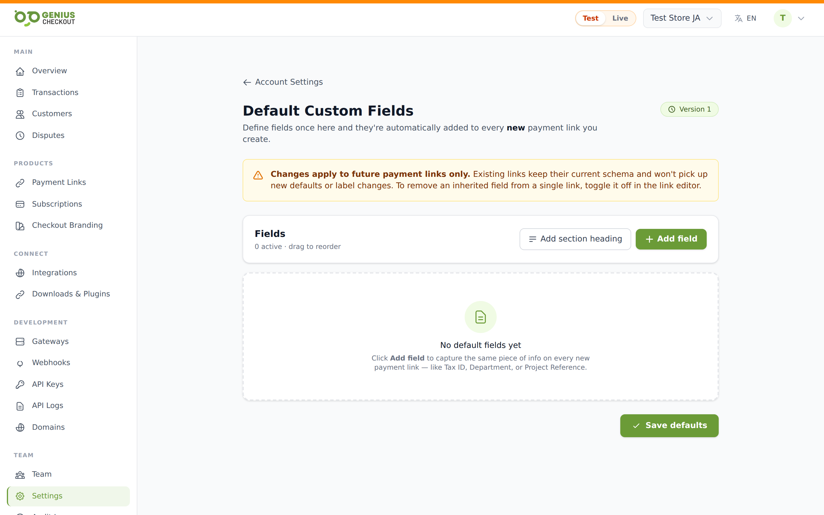 Default Custom Fields editor showing a list of field cards with type, required toggle, and reorder handles