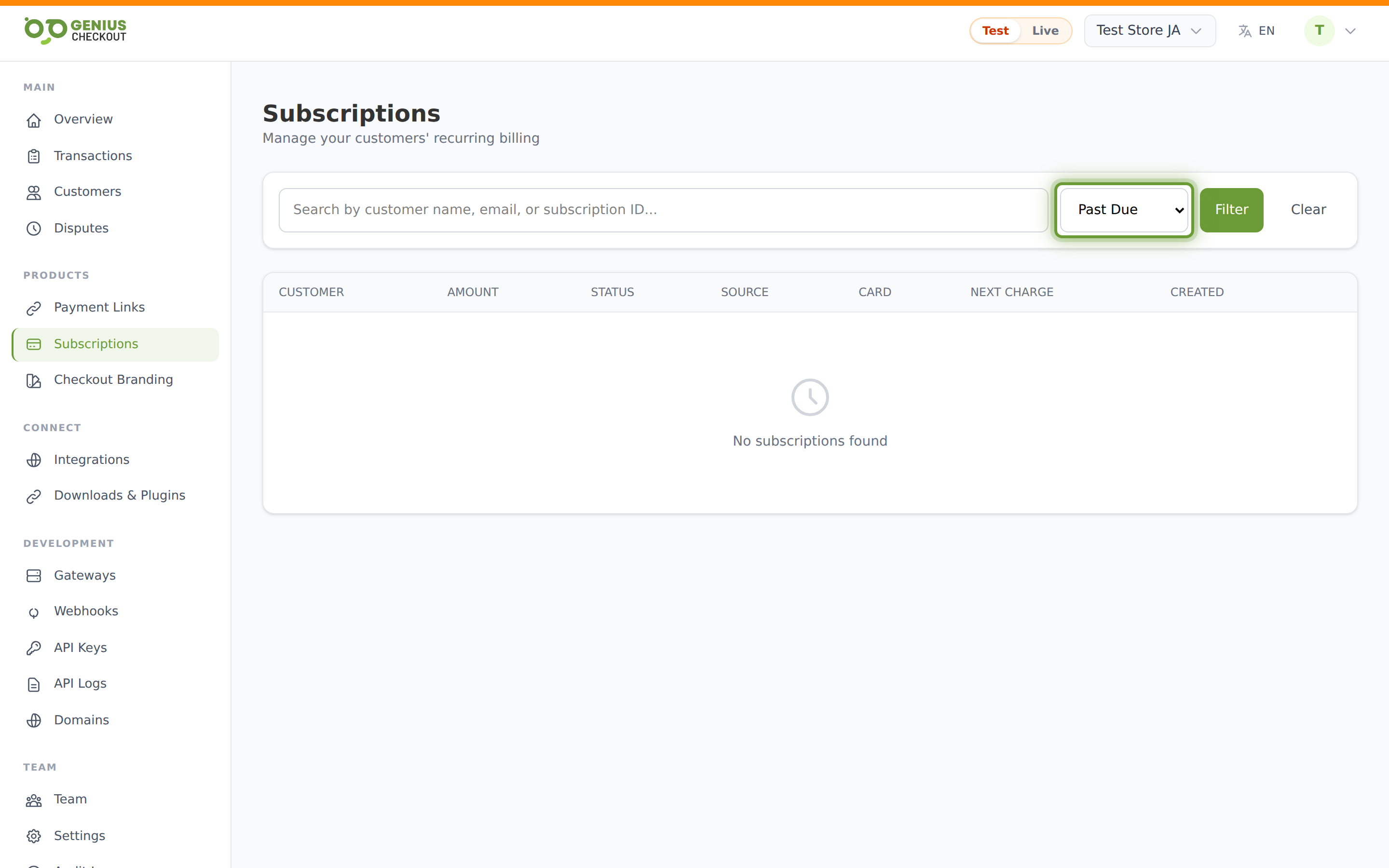 Subscriptions list filtered to Past Due status, with red past-due badges on each affected row