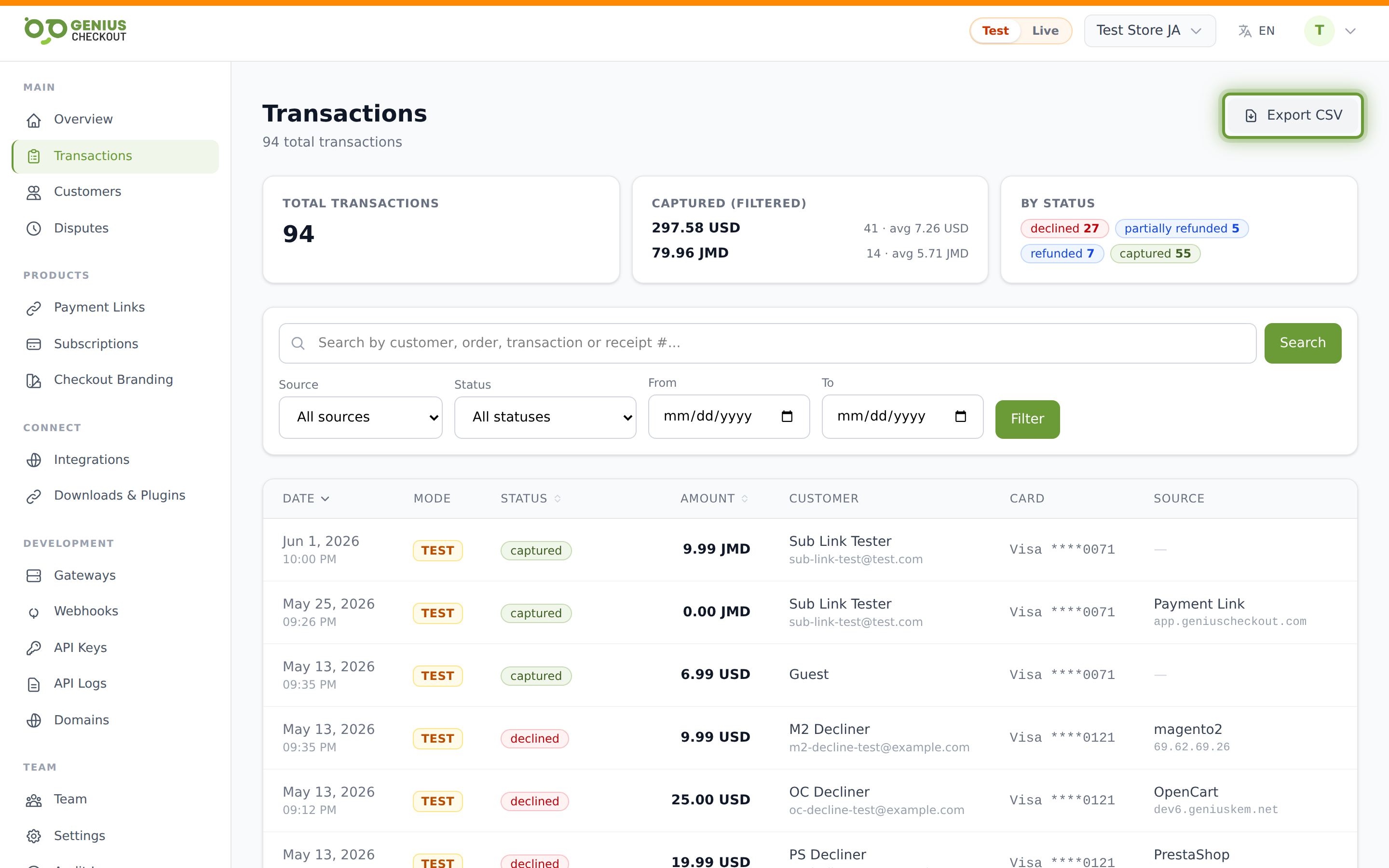Transactions list page header with the Export button highlighted