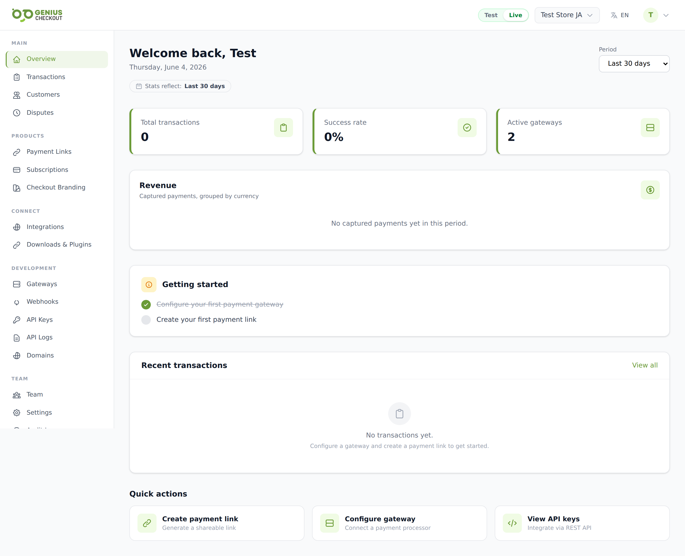 Merchant portal Overview dashboard with sidebar groups, top bar, and headline tiles