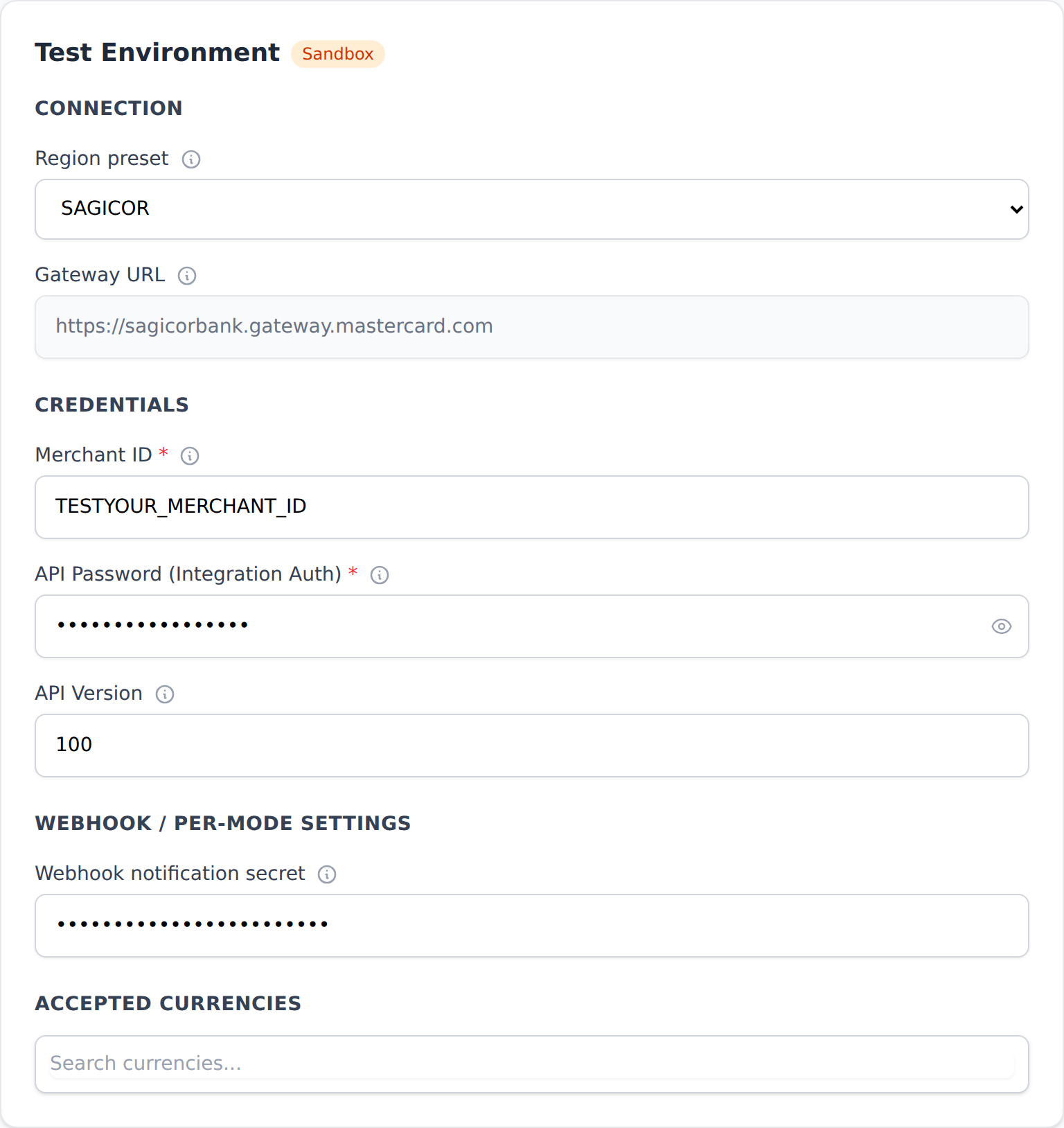 MPGS Hosted Payment Page Test Environment configuration with safe example values