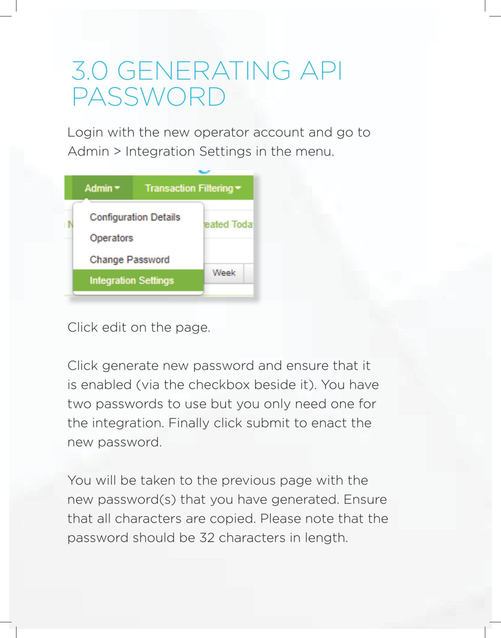Sagicor instructions for opening Admin, choosing Integration Settings, and generating an API password