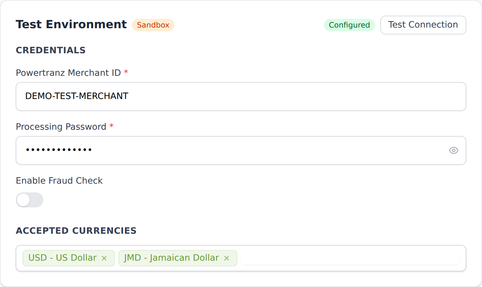 Powertranz Direct Test Environment with safe example credentials