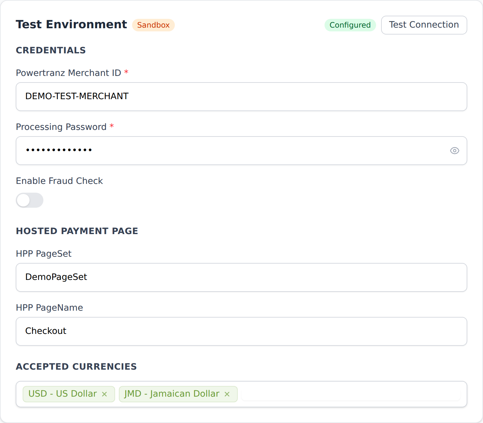 Powertranz HPP Test Environment with PageSet and PageName example values