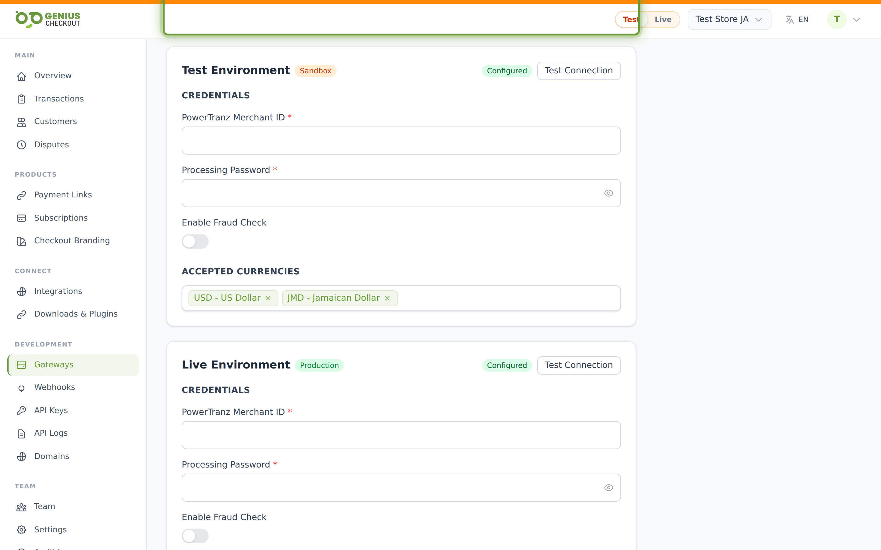 Side-by-side Test mode and Live mode credential cards with separate fields and per-mode Test connection buttons