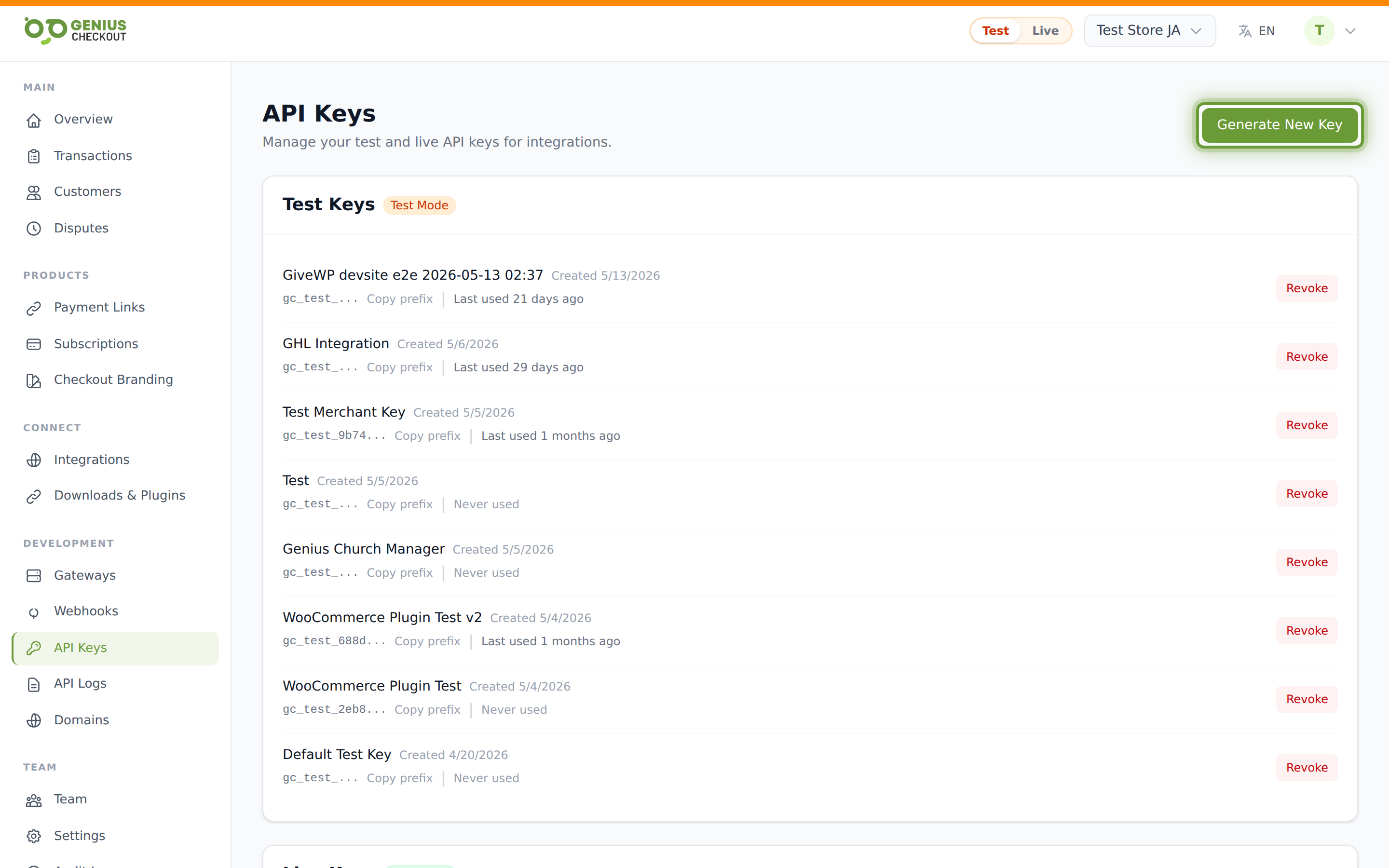API Keys page showing the live key you paste into the GiveWP plugin settings