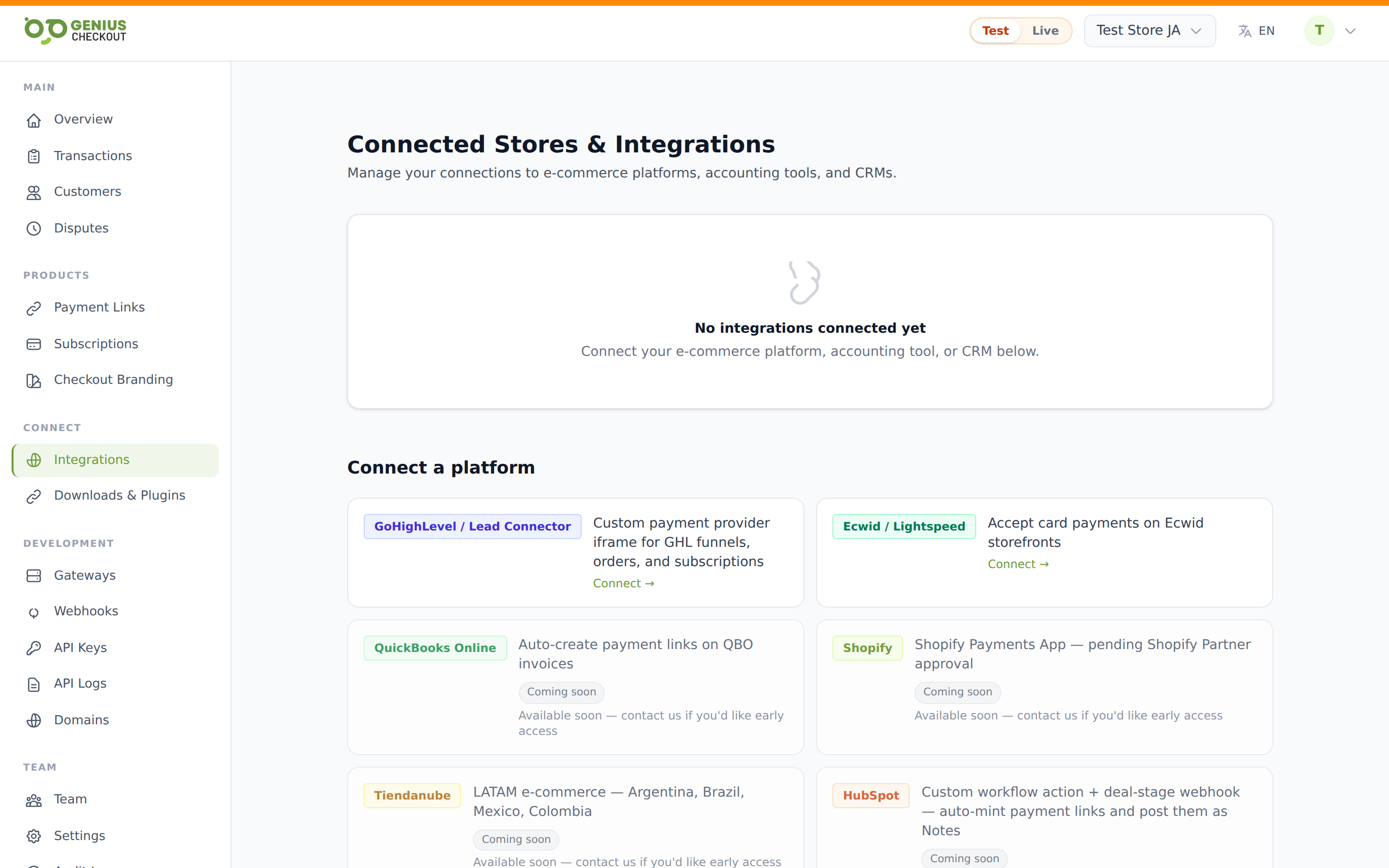 Wix catalog card on the Integrations page with a Connect button