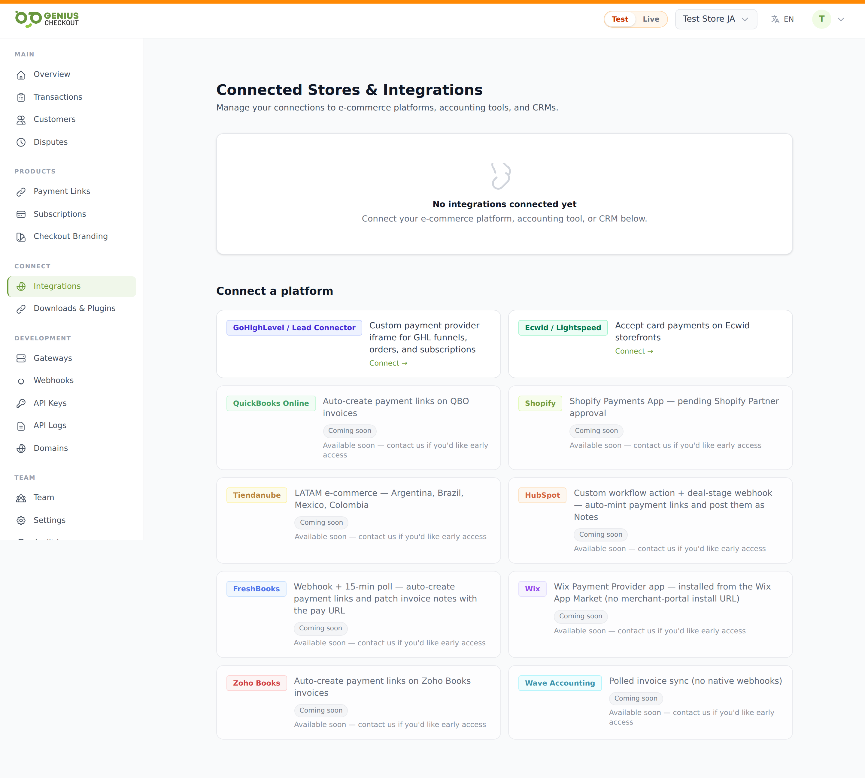 Connected Stores & Integrations page with active connection cards on top and the Connect a platform catalog below