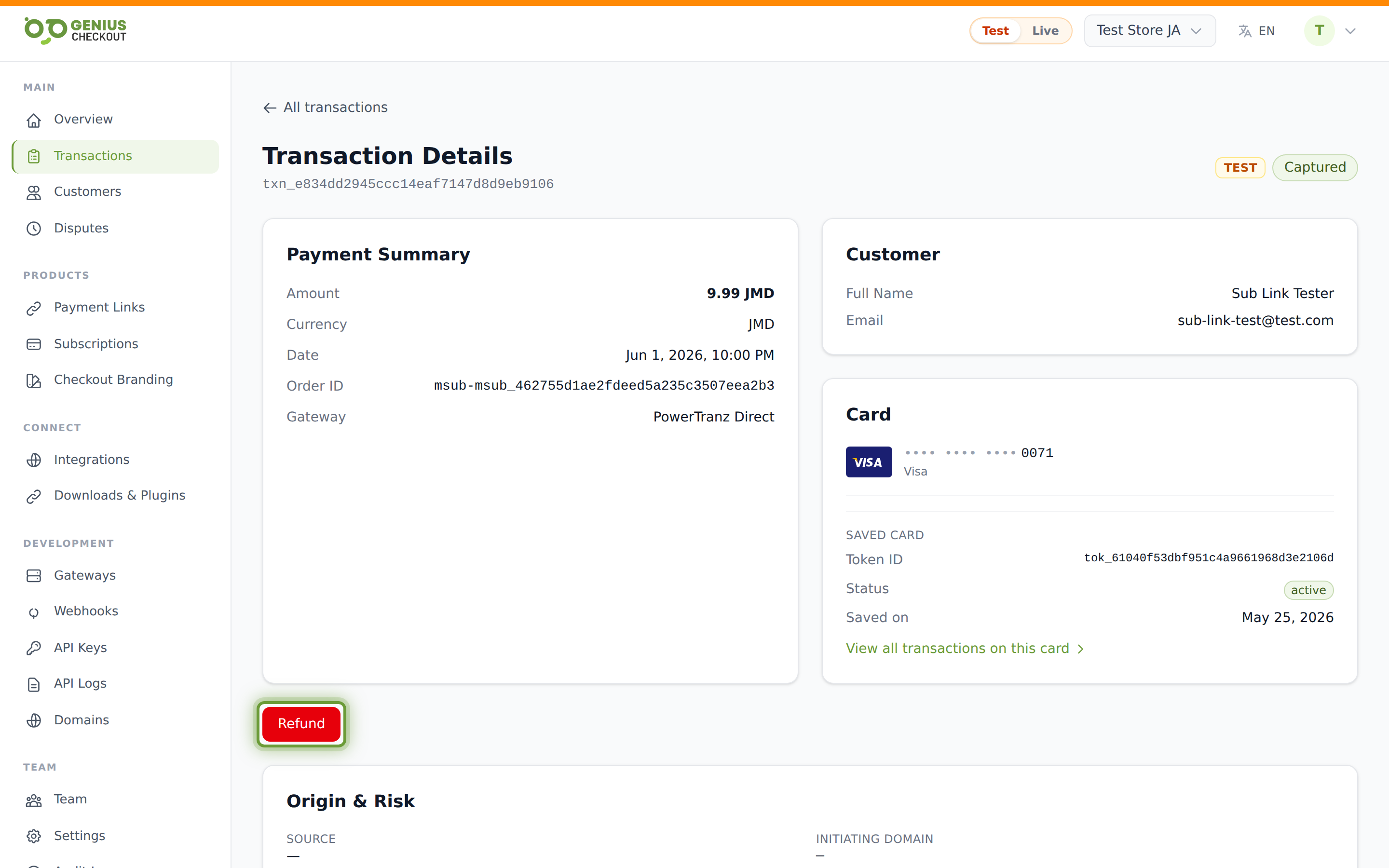 Transaction detail page showing the red Refund button on a captured payment