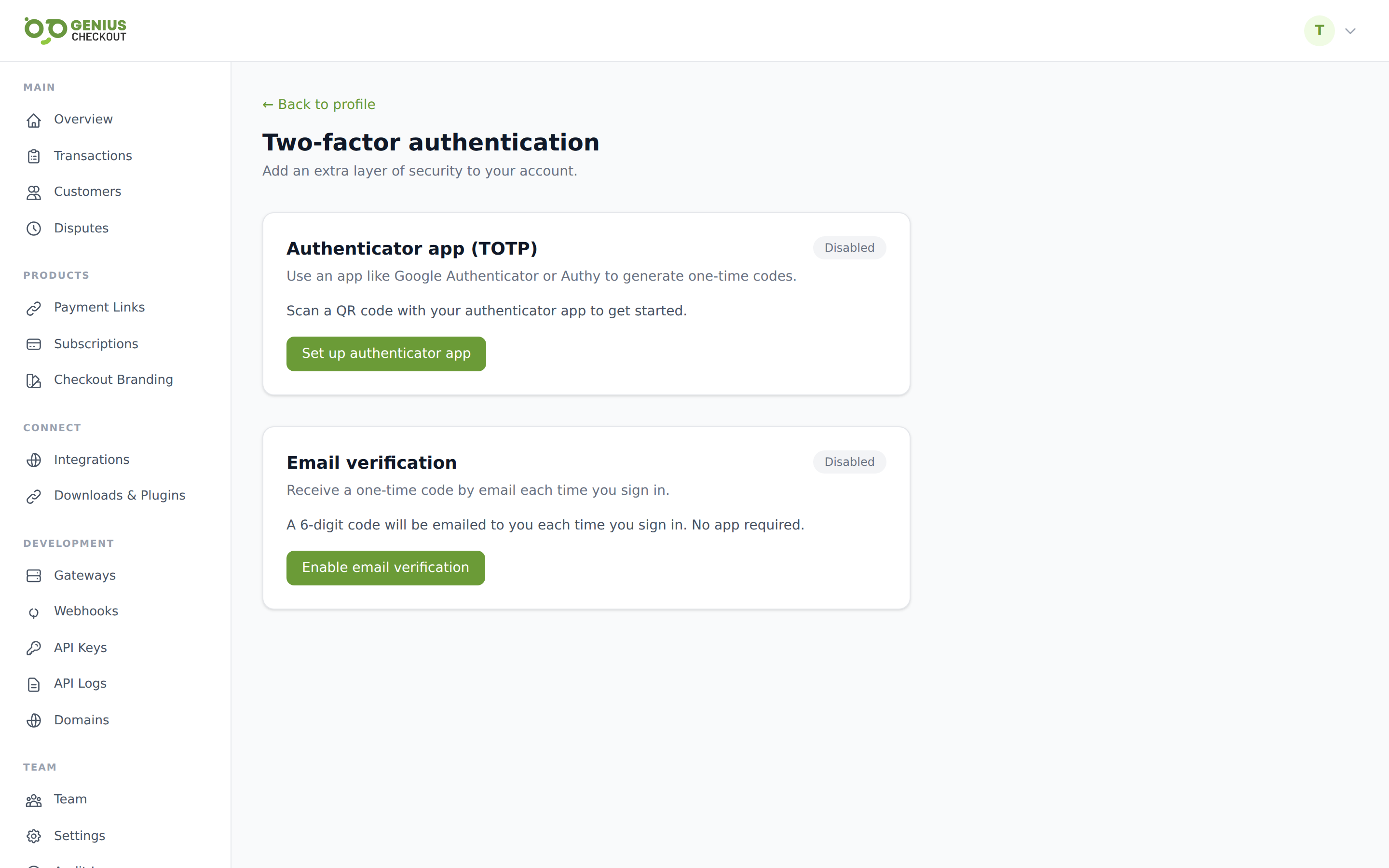Two-factor authentication page offering email MFA and authenticator-app MFA enable actions