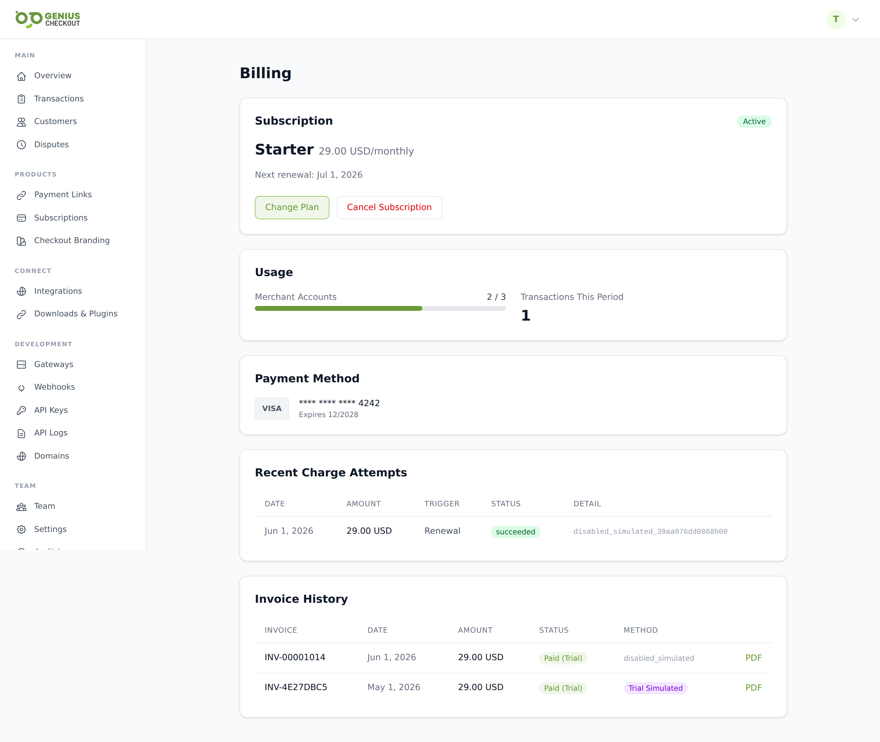 Plan & Billing page with the current plan summary card, payment method, and invoice history table