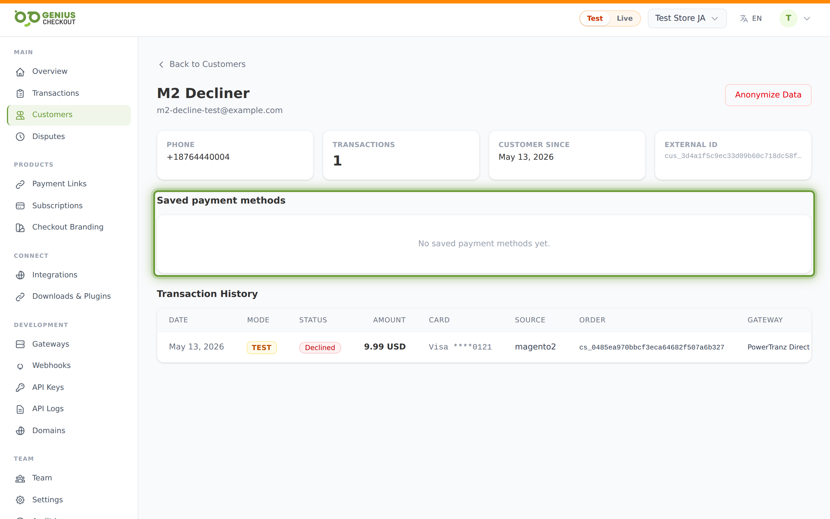 Saved payment methods list on a customer profile showing brand, last 4, expiry, status pill, and success/decline counts