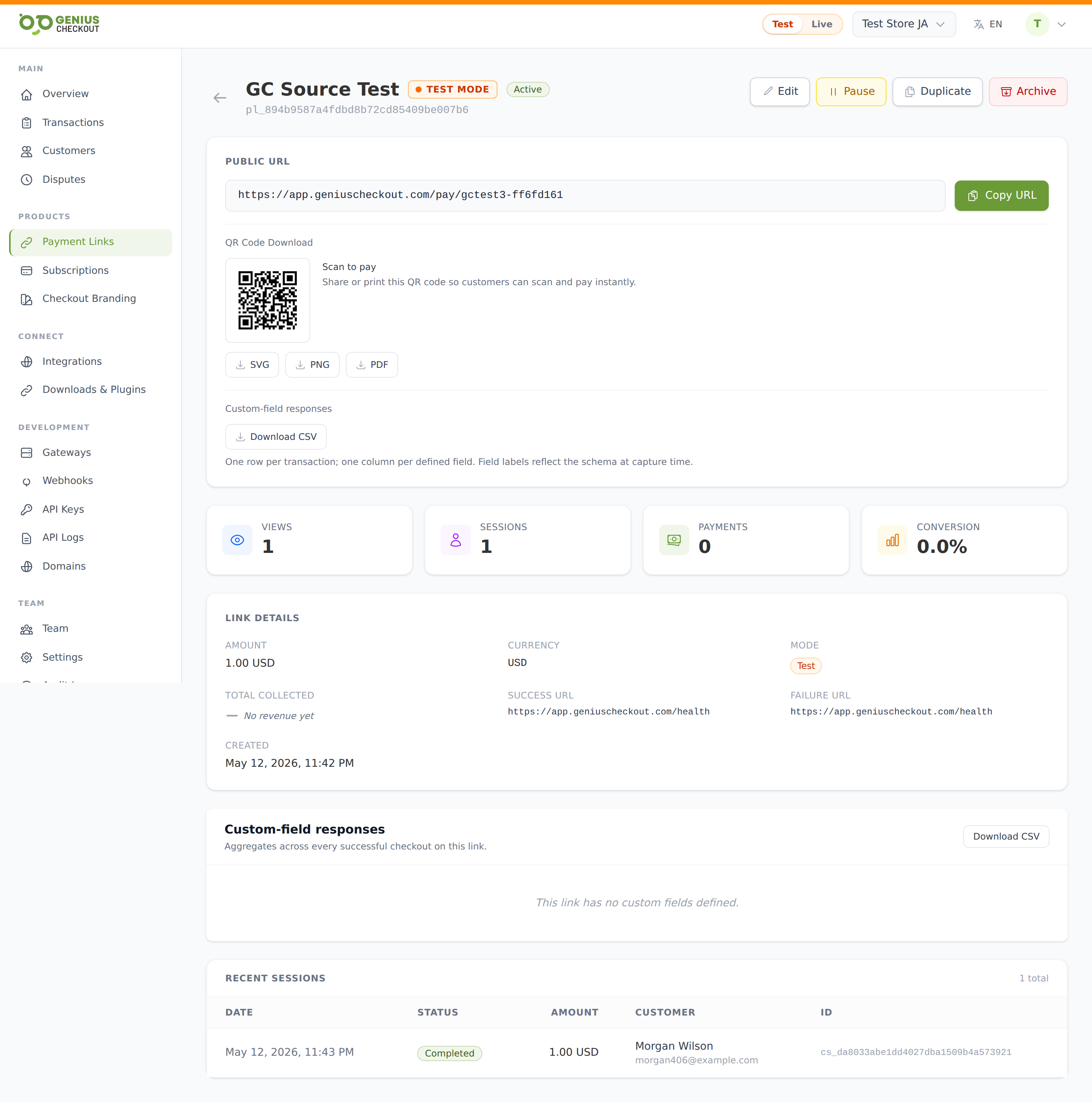 Payment link detail page header with the public URL copy bar, QR code preview, and stats cards