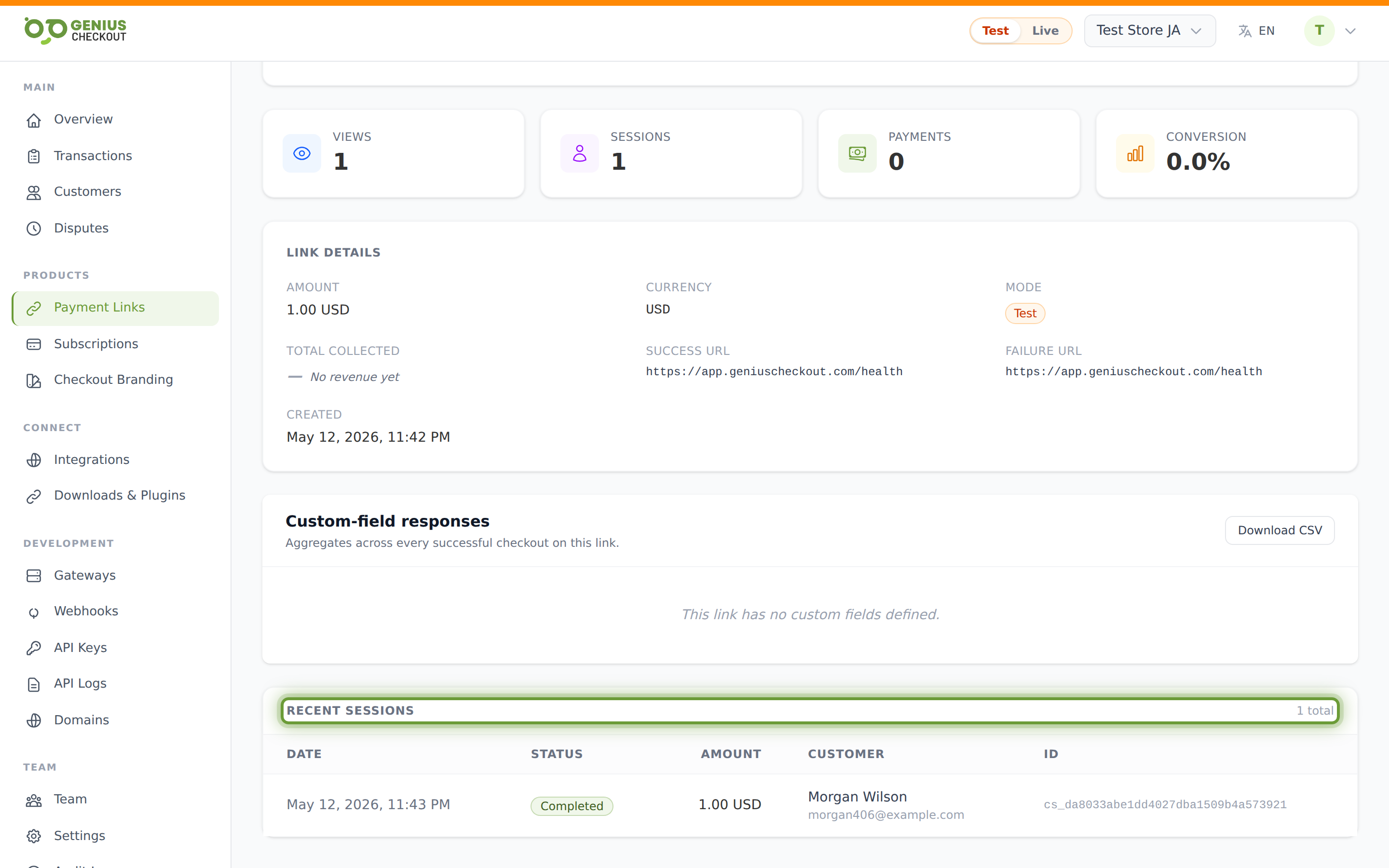 Recent sessions table listing checkout attempts with timestamp, status badge, amount, buyer email, and transaction ID