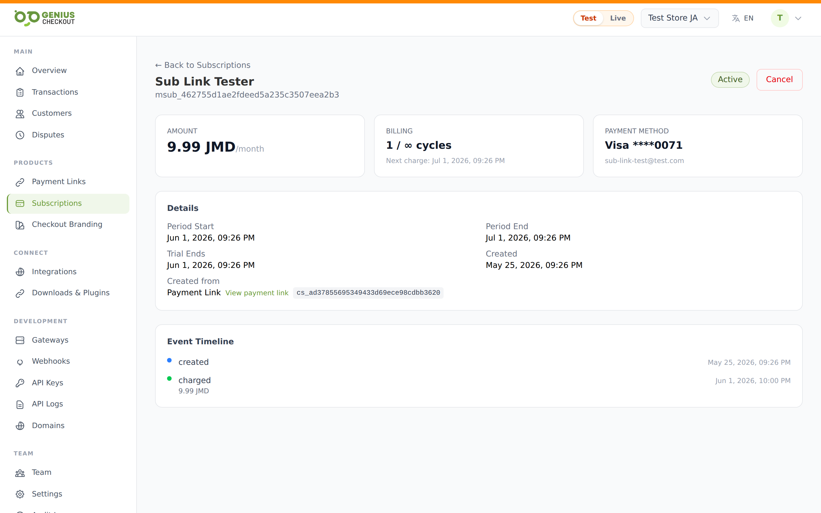 Subscription detail page header with buyer name, external ID, status badge, and Amount, Billing, and Payment method info cards