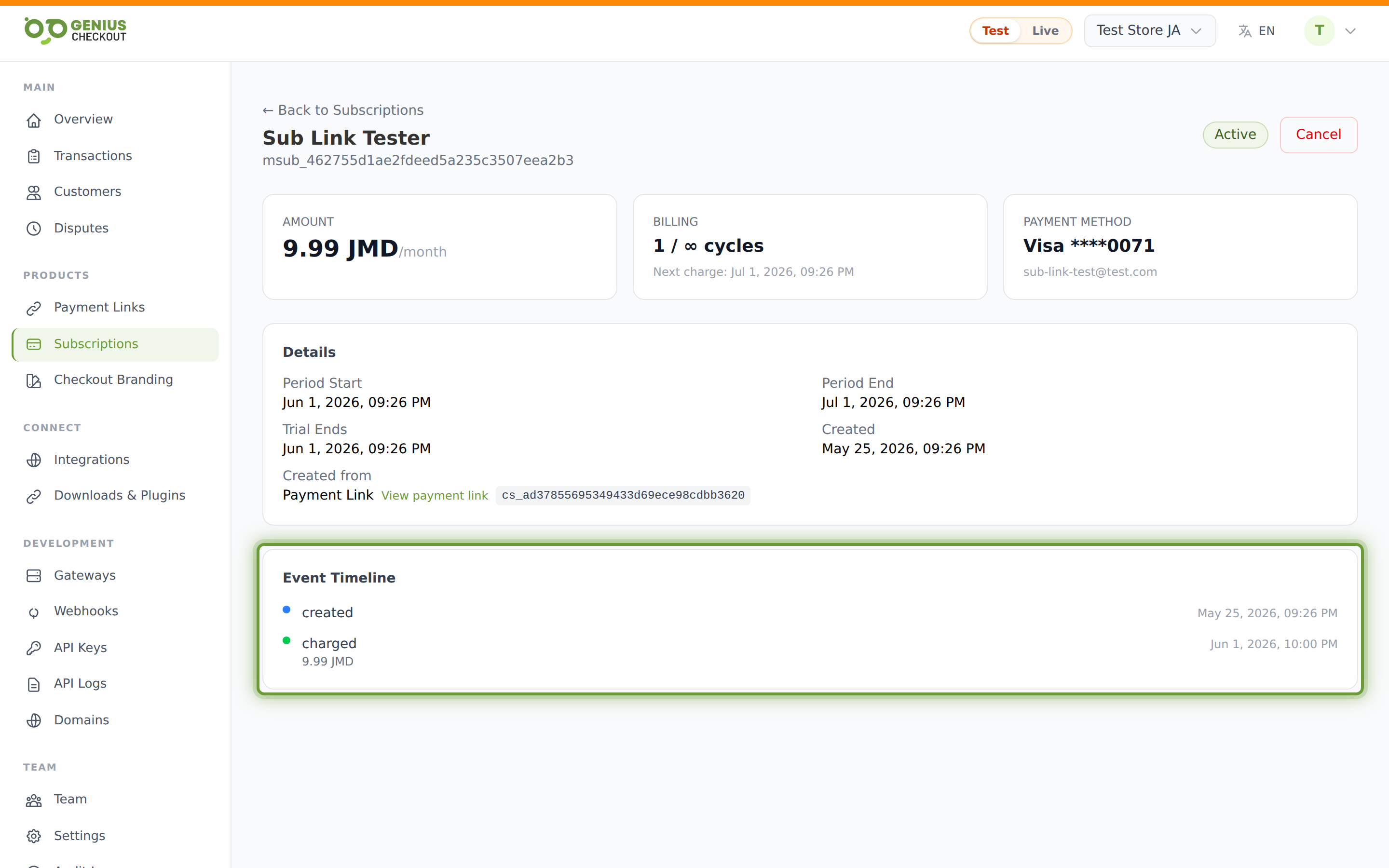 Event timeline listing created, charged, charge_failed, and other state-transition events with timestamps and amounts