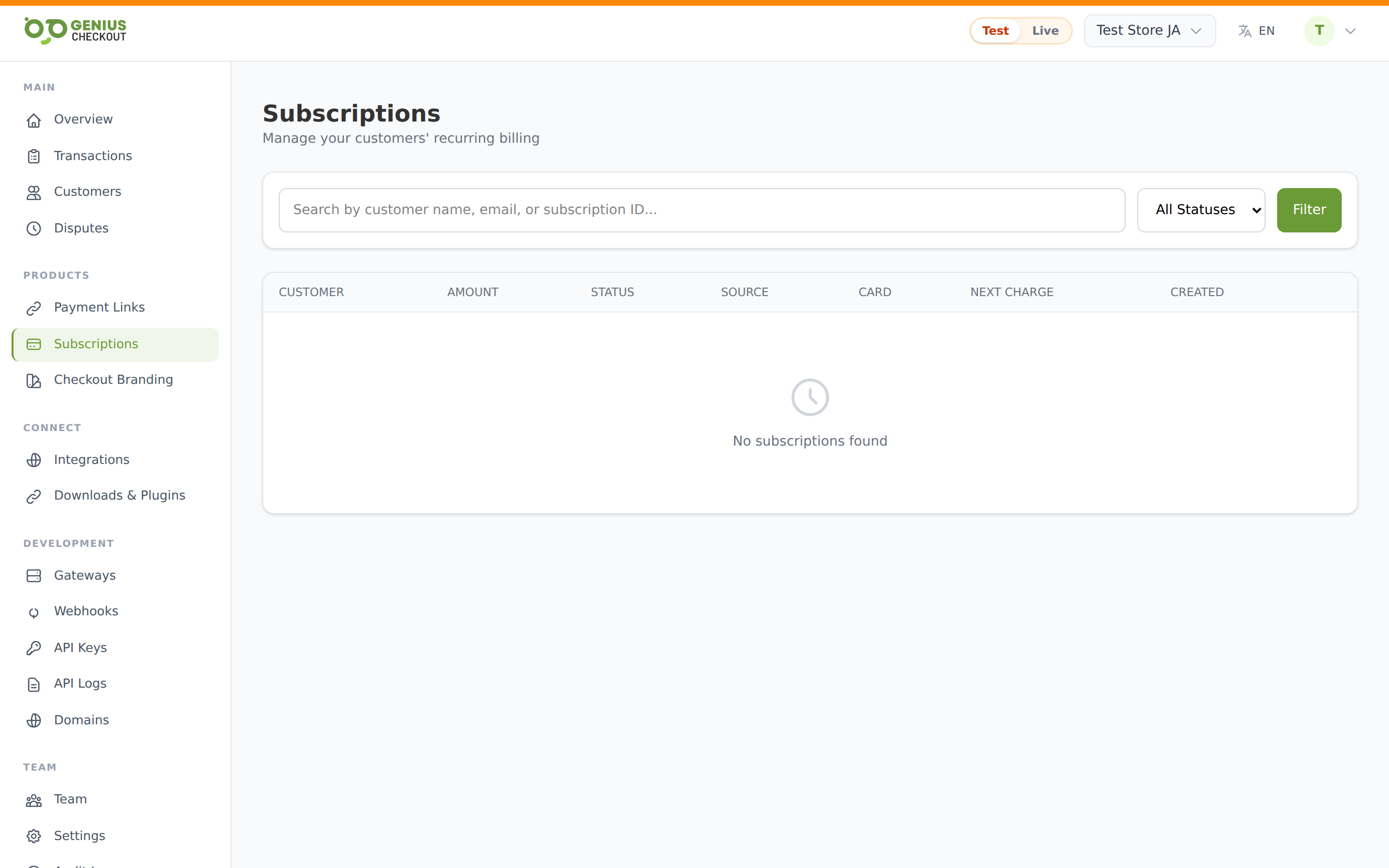 Subscriptions list with buyer name, amount and interval, status badge, source chip, card on file, and next charge date columns
