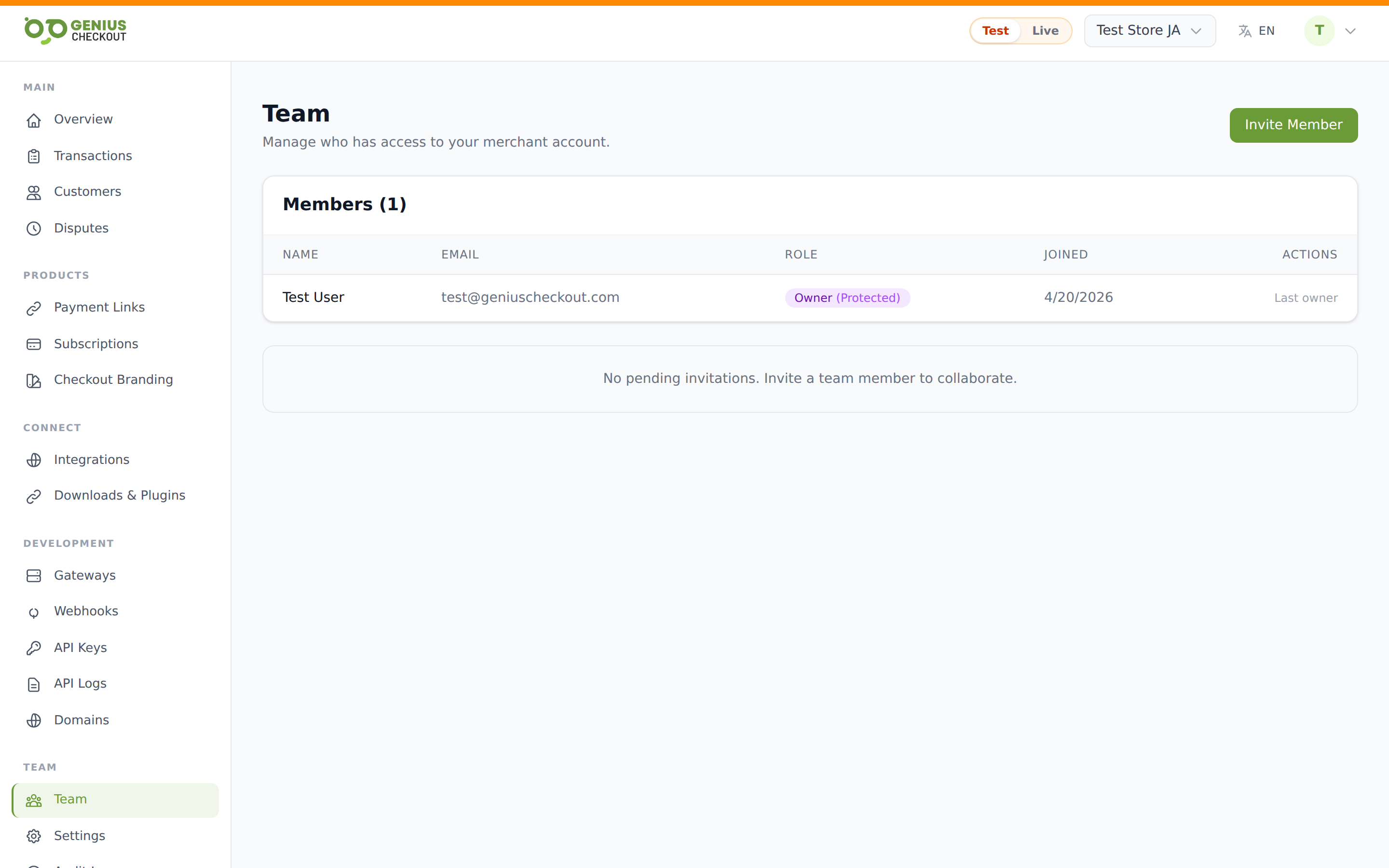 Team page listing members, roles, and pending invitations with the Invite Member button