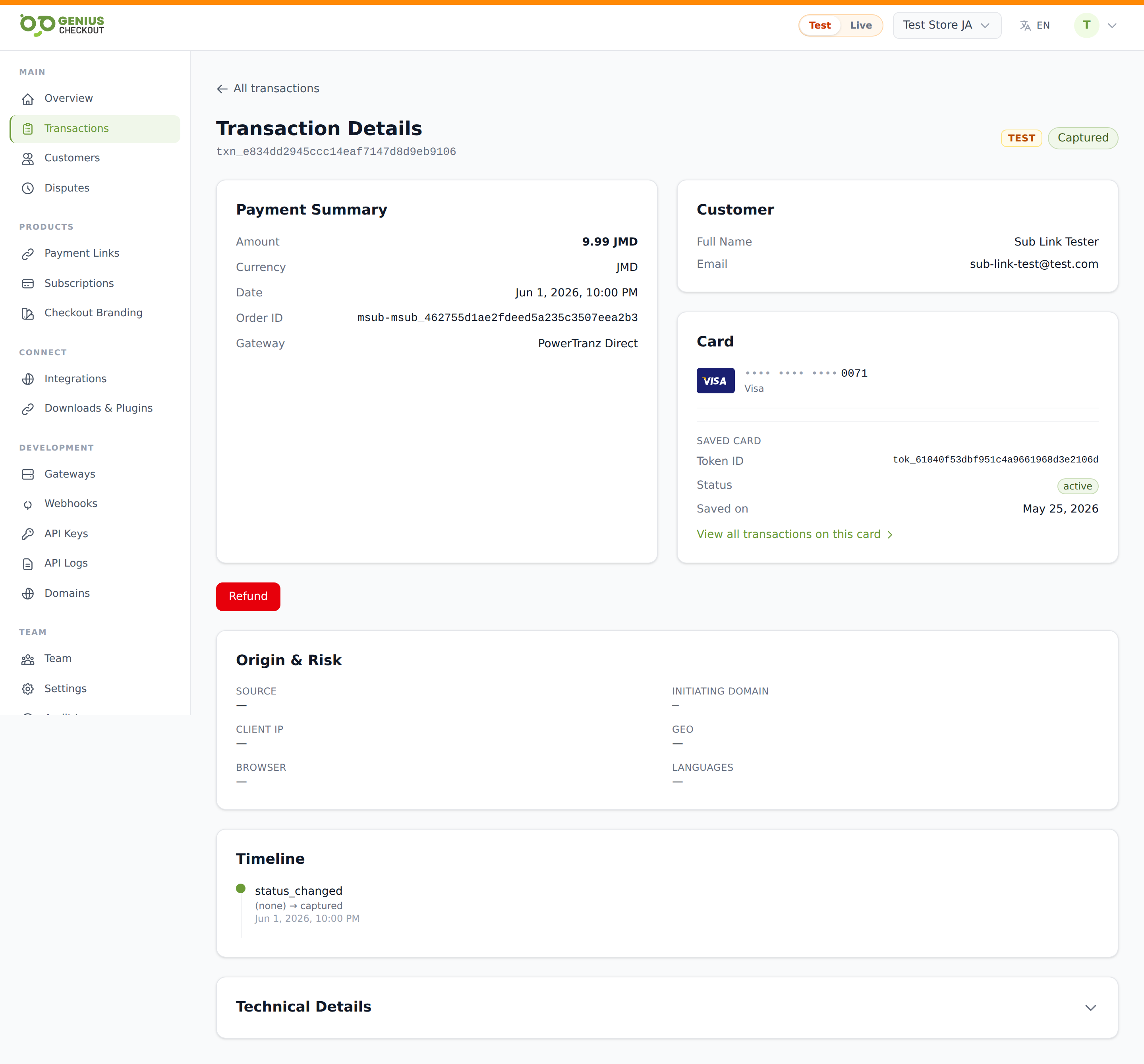 Transaction detail page header with mode and status pills, Payment Summary, Customer, and Card panels