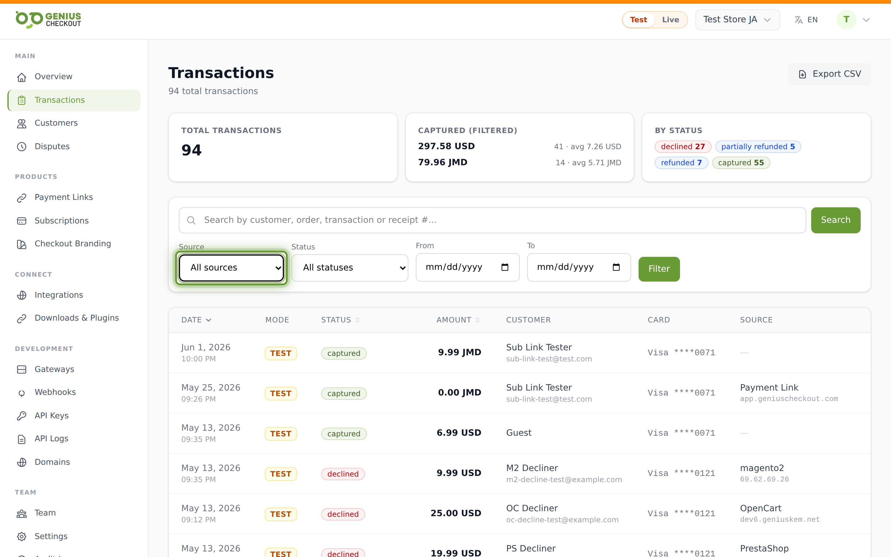 Source filter dropdown listing Hosted Checkout, Payment Link, WooCommerce, Give, HighLevel, and other channels