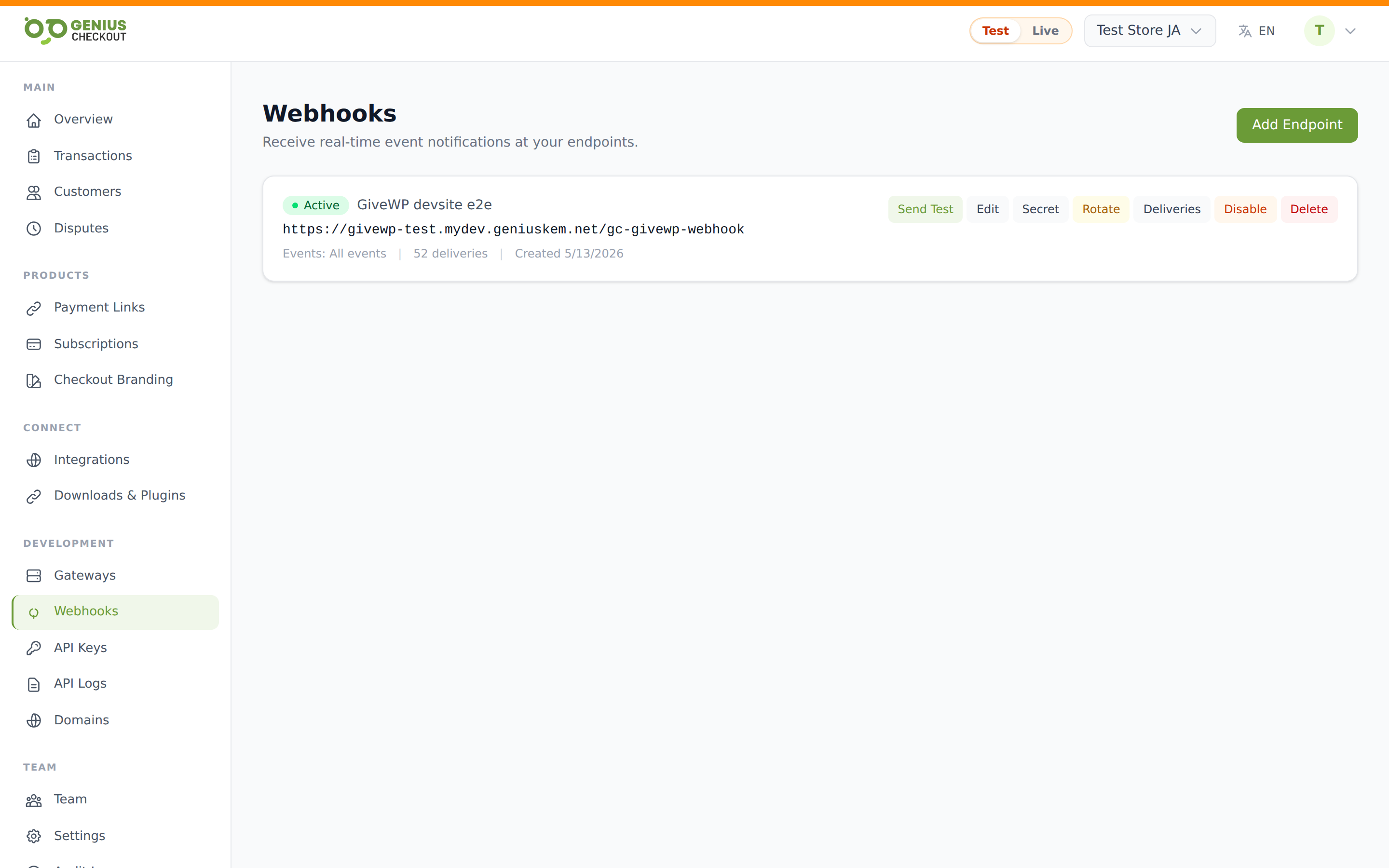Webhook Endpoints page listing each registered URL with its active/paused toggle and event subscription summary